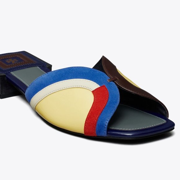 Tory Burch $348 Marquetry Slide Sandals Blue Red Brown 6 6.5 10 - Picture 4 of 12